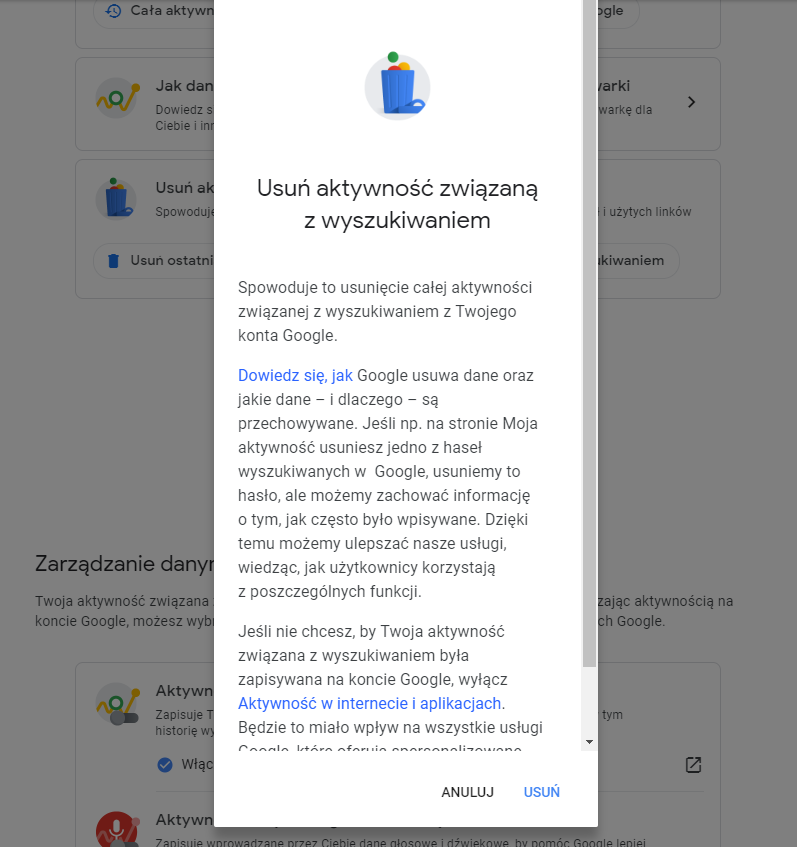 Potwierdź usunięcie historii w Google