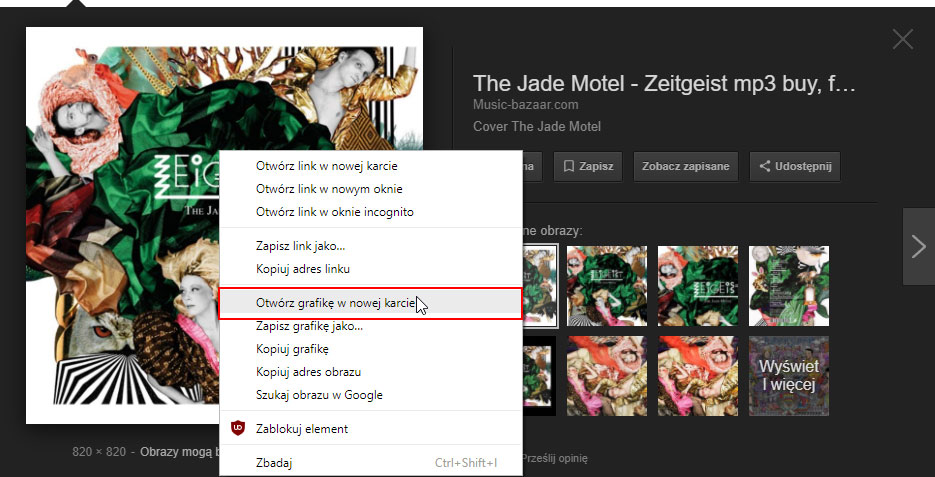 Otwieranie obrazka w Grafice Google za pomocą menu kontekstowego