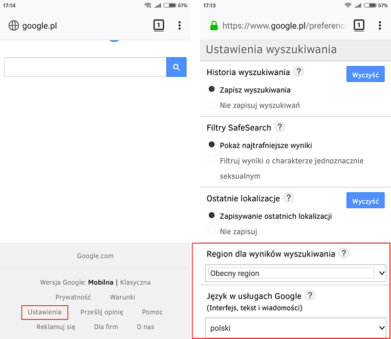 Zmiana języka i regionu wyszukiwania w Google w Androidzie