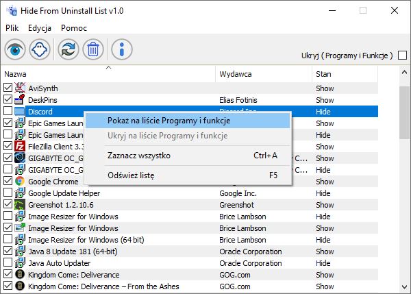 Przywróć program przez Hide From Uninstall