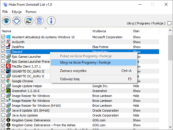 Ukryj program za pomocą Hide From Uninstall