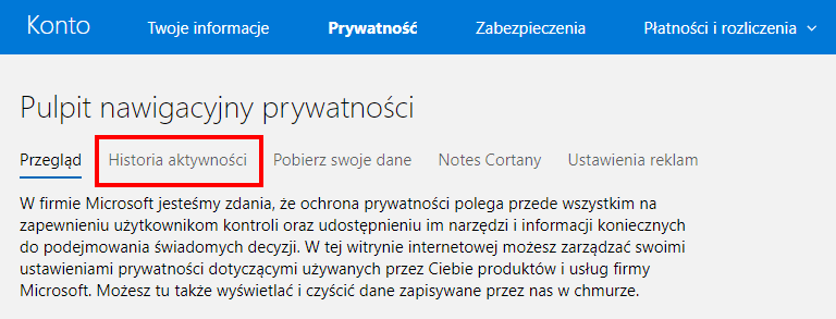 Przejdź do historii aktywności