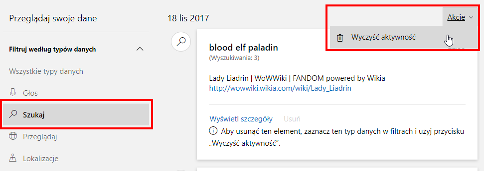 Usuwanie danego typu aktywności