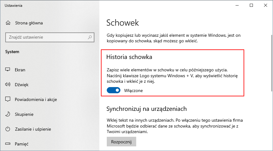 Włącz historię schowka w Windows 10