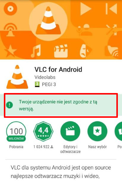 VLC w Sklepie Play na urządzeniach Huawei - urządzenie niezgodne z tą wersją aplikacji