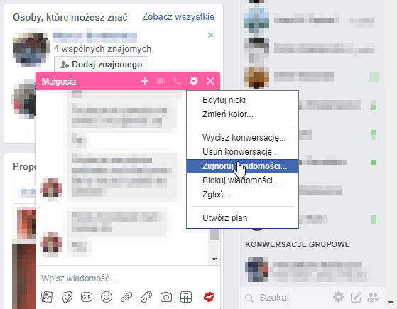 Włącz ignorowanie wiadomości na Facebooku