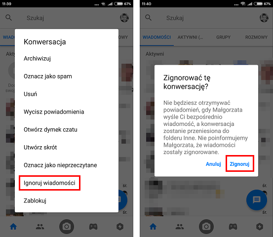 Włącz ignorowanie wiadomości na Messengerze