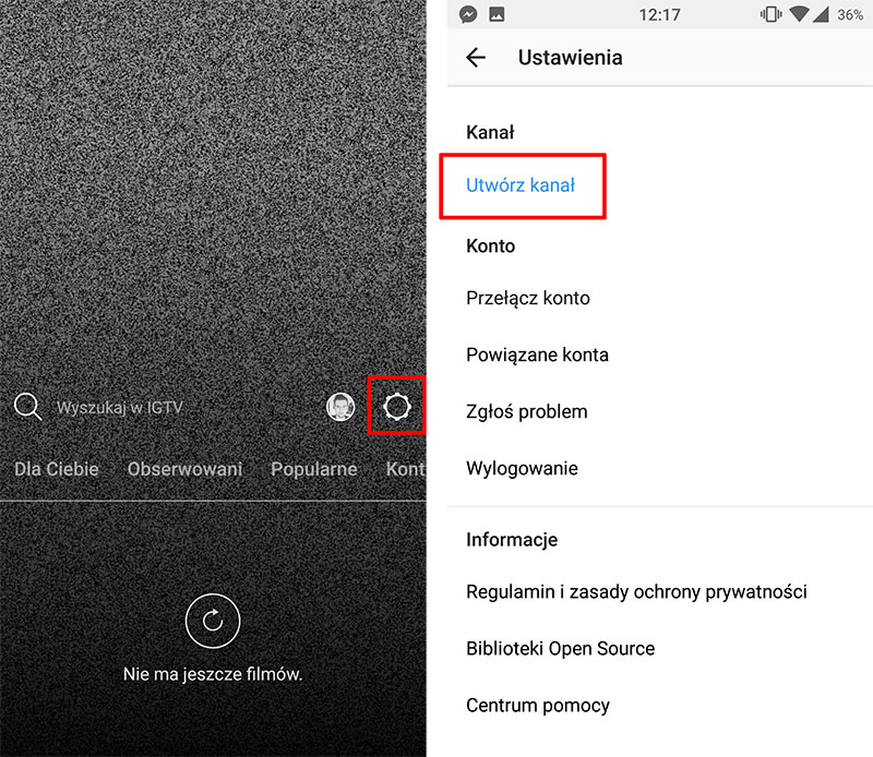 IGTV - wybierz opcję tworzenia konta w opcjach