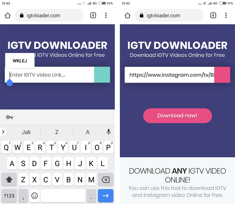 Wklej link do filmu, aby go pobrać w IGTV Downloader