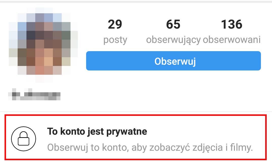 Komunikat informujący o tym, że konto jest prywatne na Instagramie