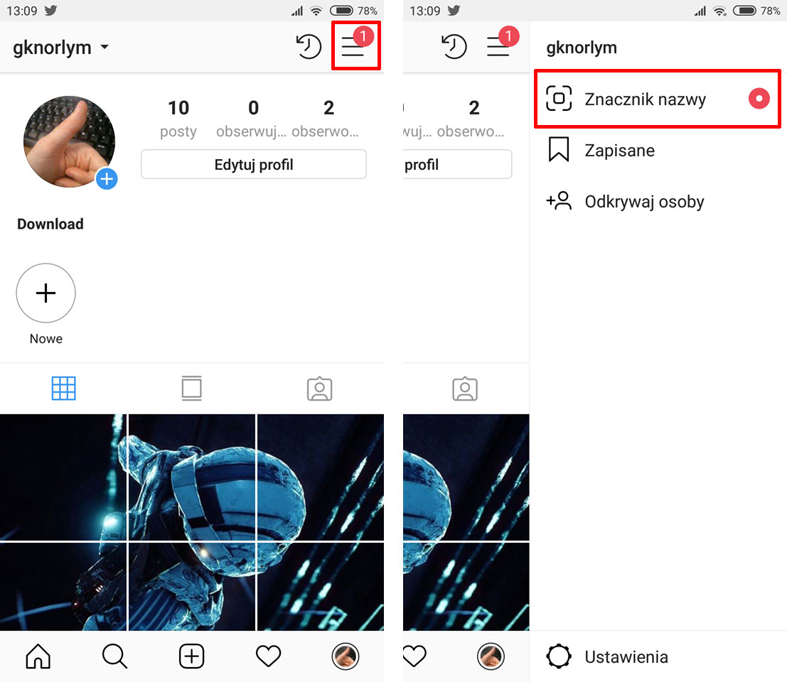 Wejdź do opcji Instagramu i wybierz znacznik nazwy