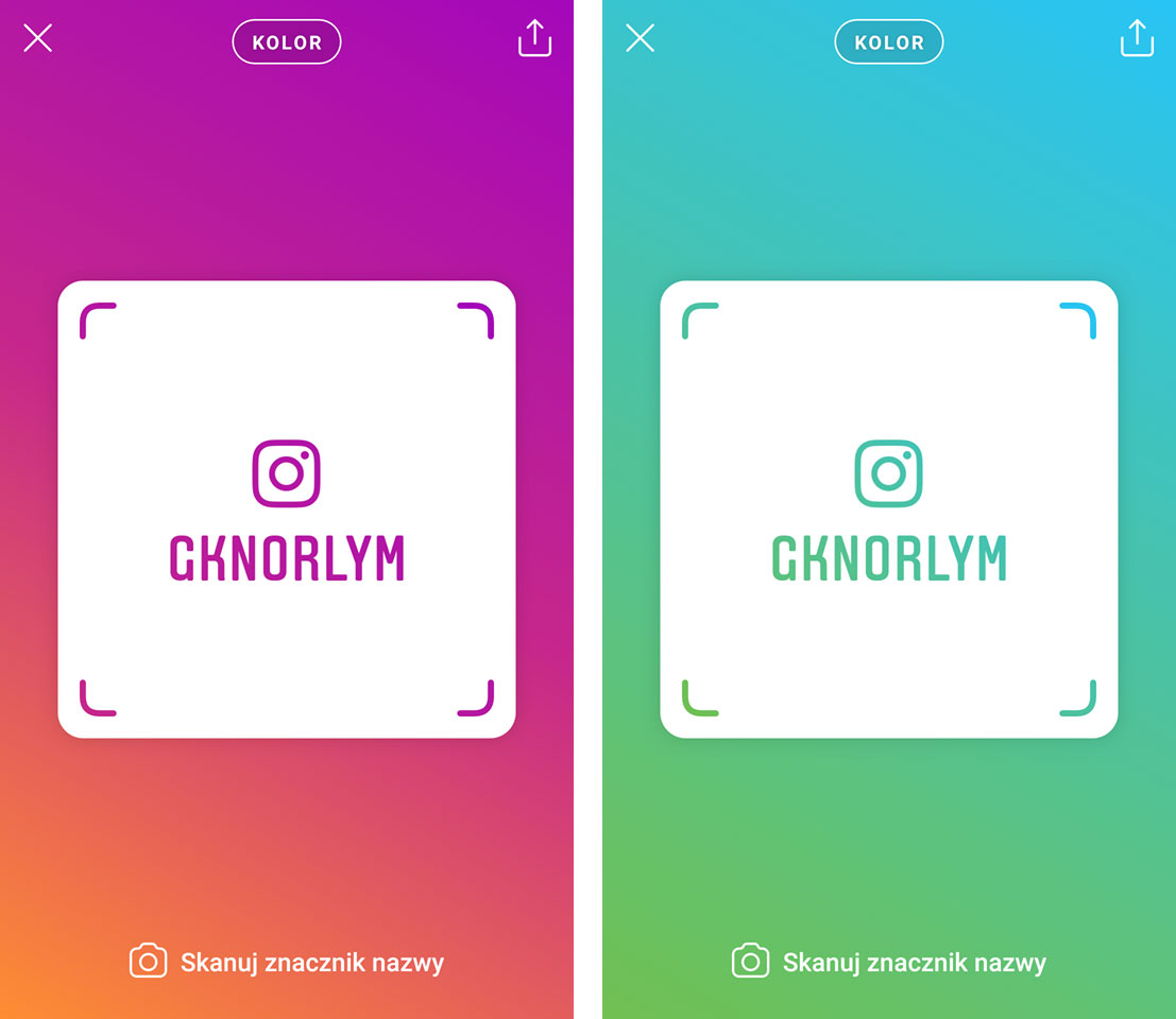 Nametag na Instagramie - tryb kolor