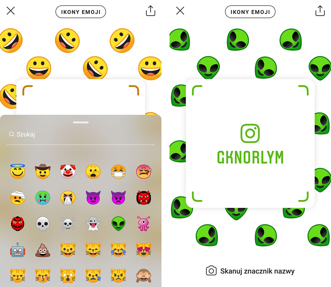 Nametag na Instagramie - tryb emoji