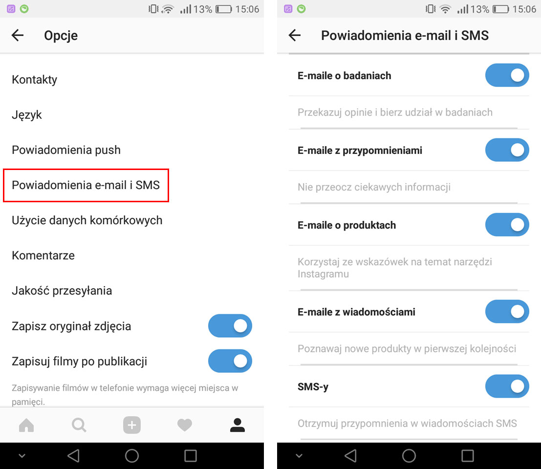 Wyłączanie powiadomień e-mail i SMS w Instagramie