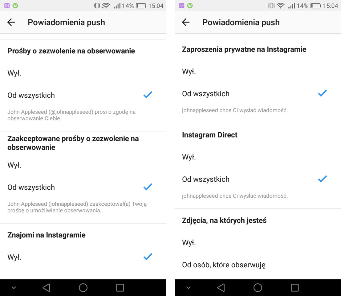 Powiadomienia w Instagramie - obserwowanie i znajomi