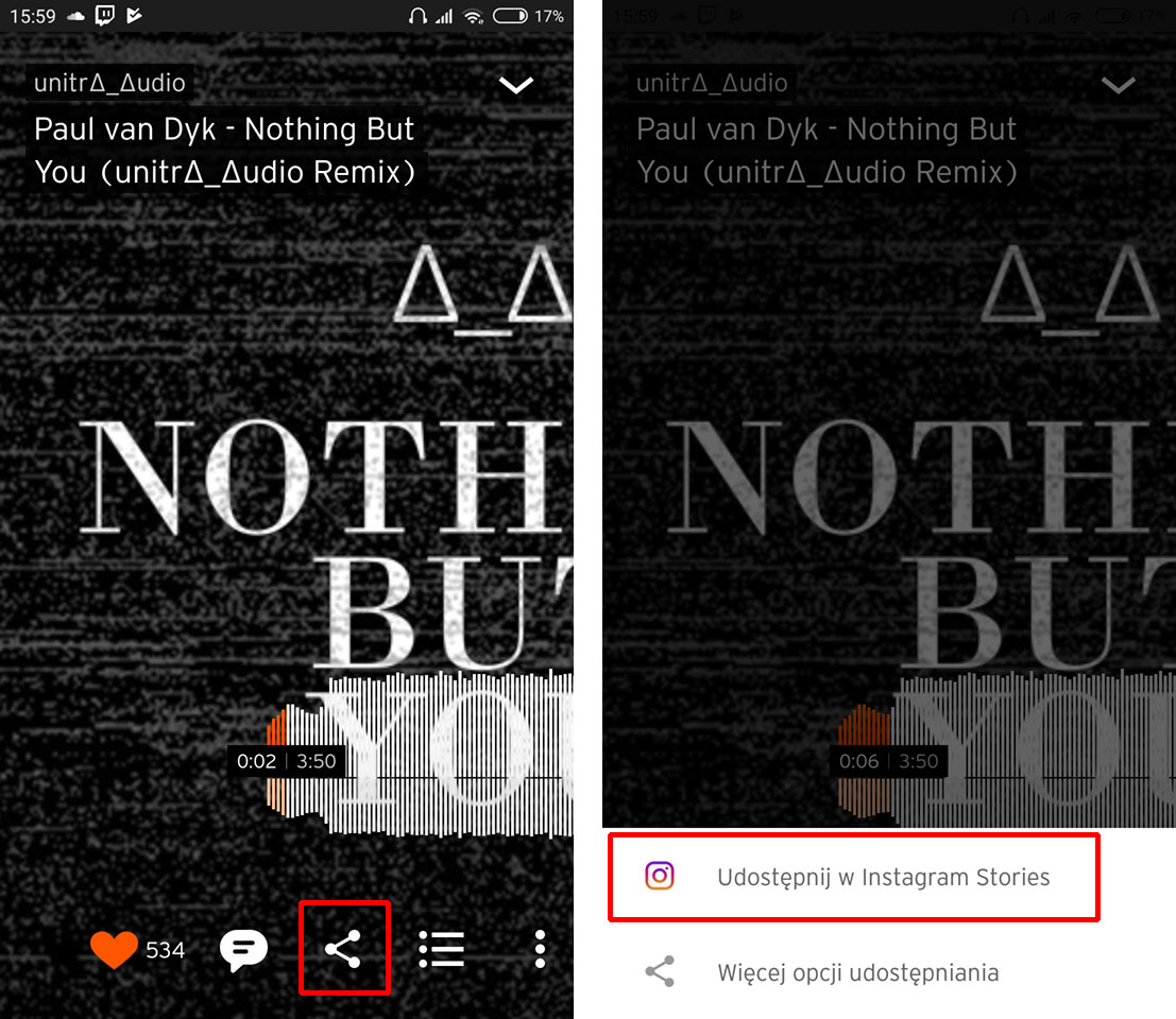 SoundCloud - udostępnij na Instagramie