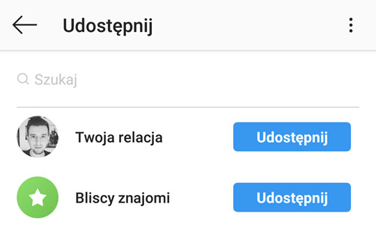 Instagram - wybierz, komu chcesz udostępnić relację