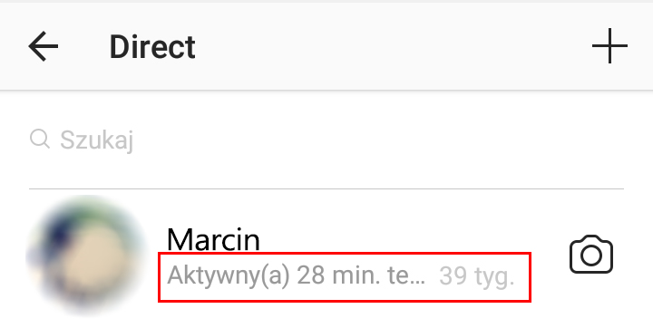 Widok statusu aktywności w rozmowach Direct