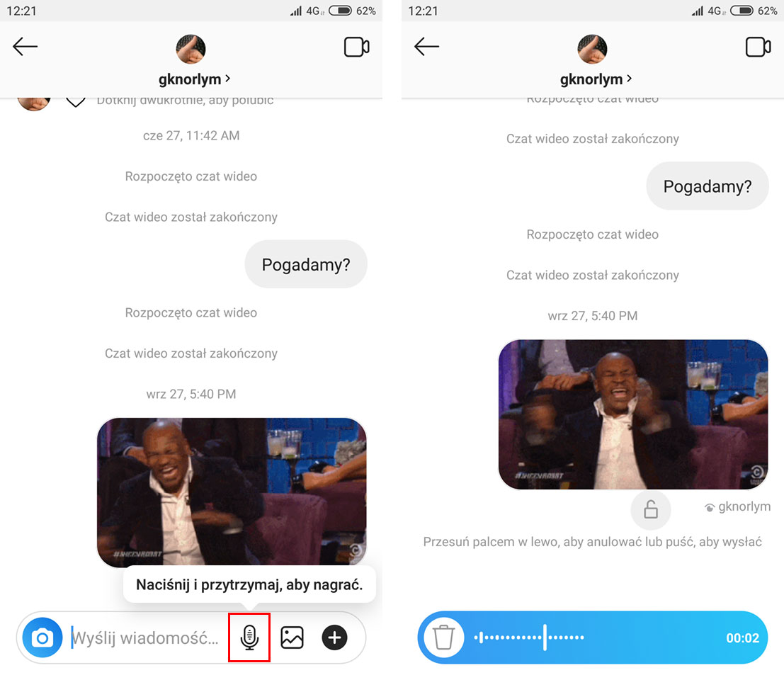 Nagrywanie wiadomości głosowej na Instagramie