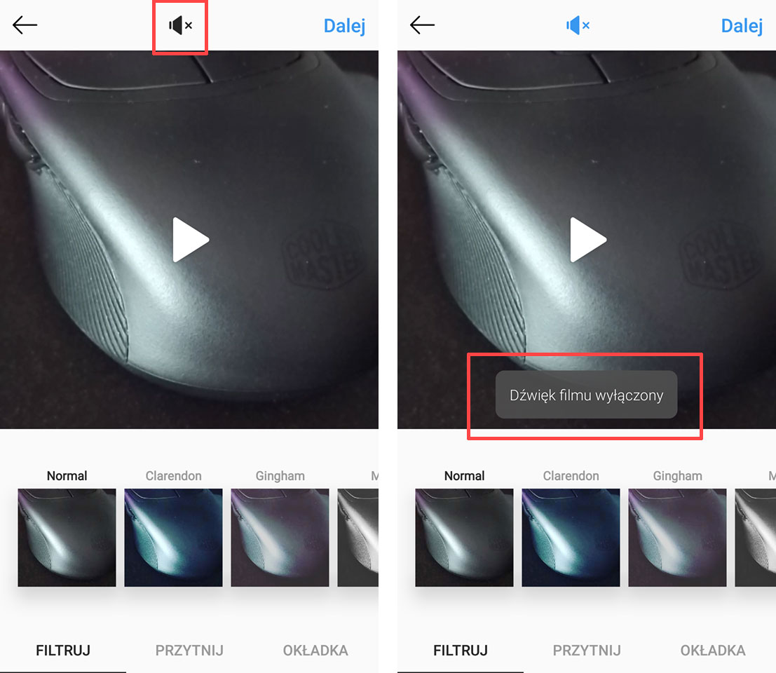 Wyciszanie wideo do posta na Instagramie