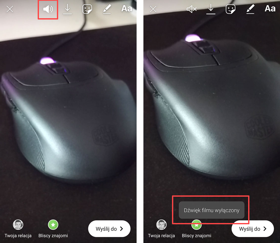 Wyciszanie wideo na Instagramie do relacji