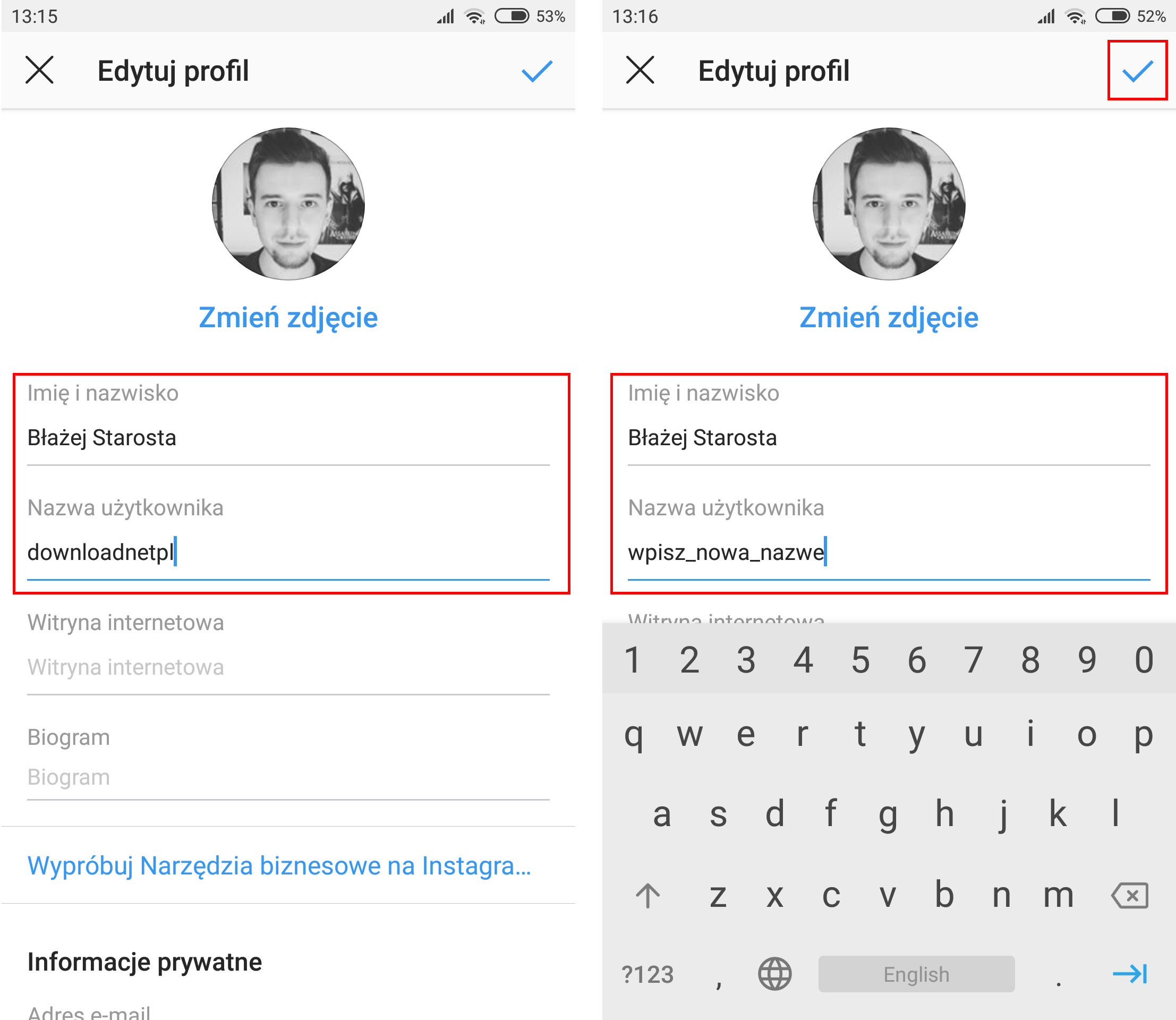 Wprowadź nową nazwę użytkownika oraz imię i nazwisko w Instagramie