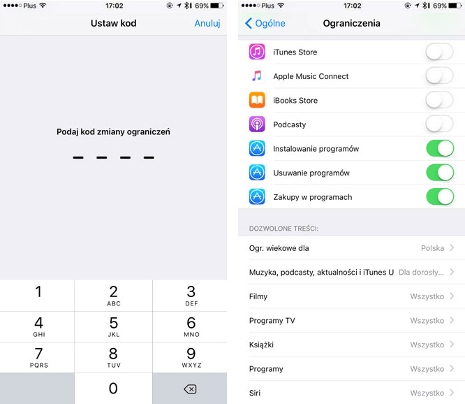 Ustaw 4-cyfrowy kod i wybierz ograniczenia do włączenia