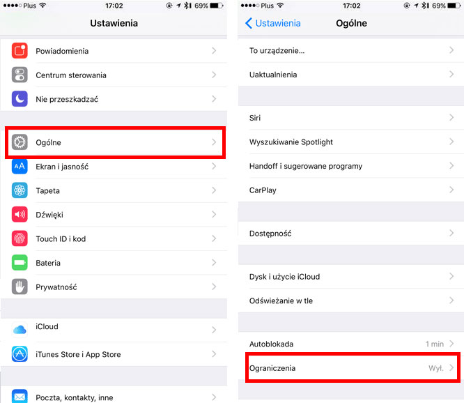 Wejdź do opcji ograniczeń w iOS