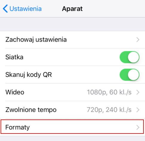 Wejdź do ustawień aparatu w iOS 11