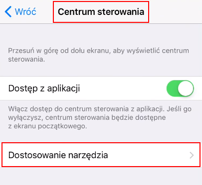 Wejdź do opcji centrum sterowania