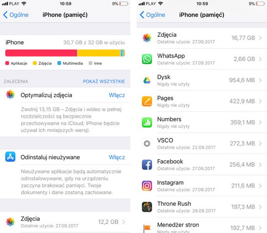 iPhone - podgląd pamięci w iOS 11