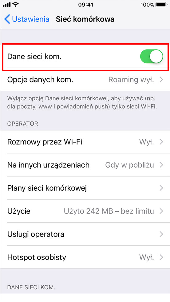 Wyłączanie danych komórkowych w ustawieniach iPhone