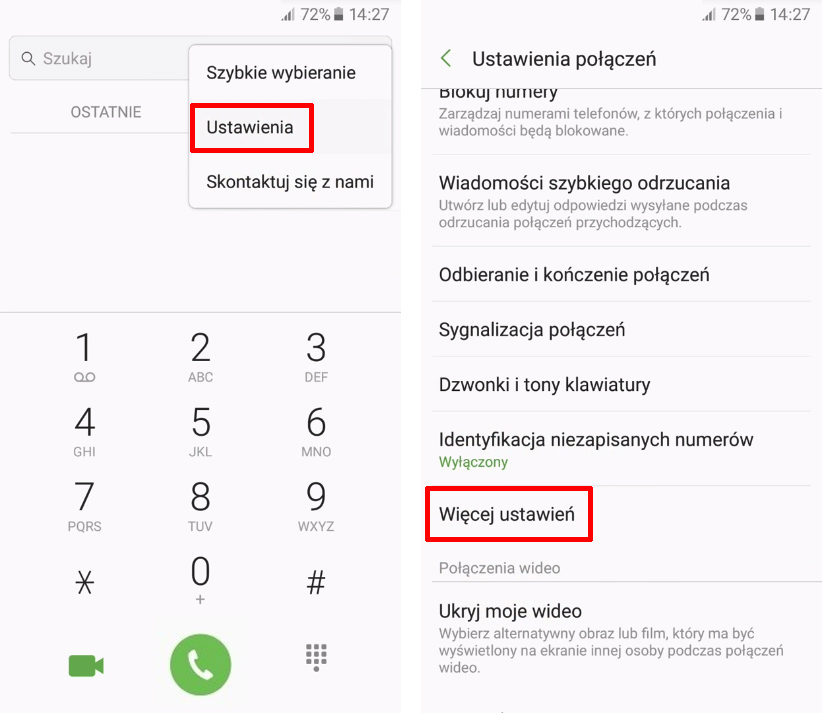 Wejdź do ustawień  połączeń w Samsungu