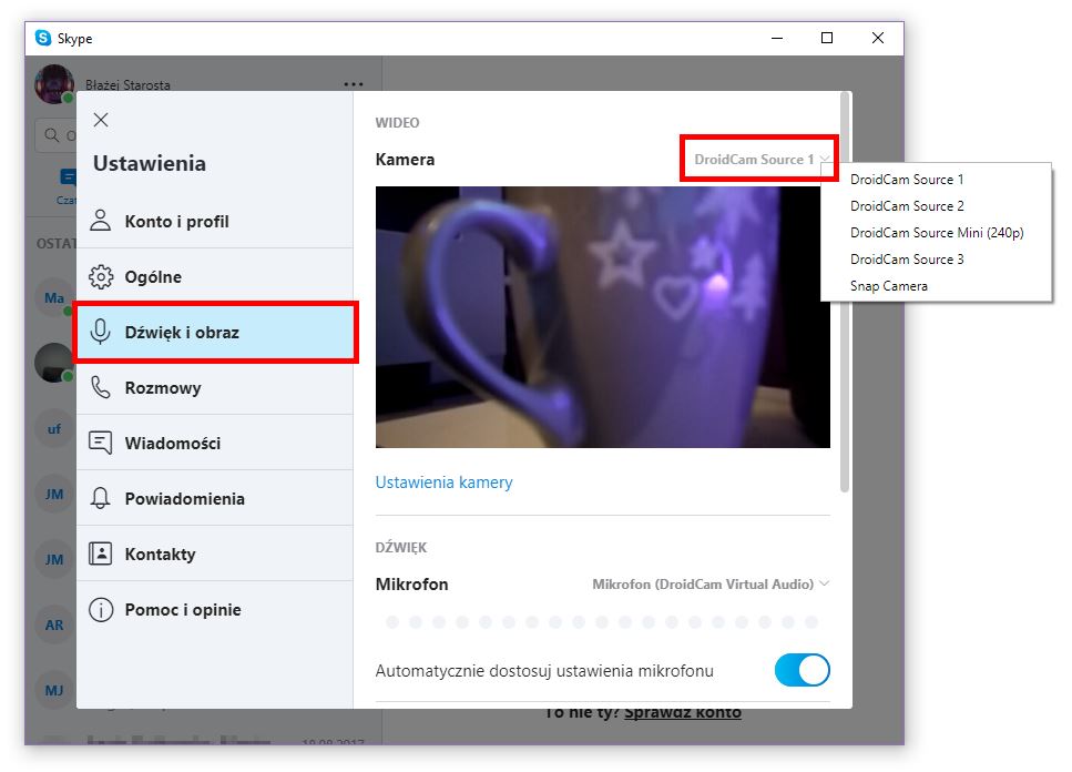 Wybierz kamerkę w ustawieniach programu (Skype)