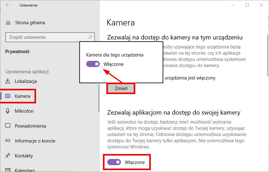 Włącz dostęp do kamery w ustawieniach prywatności Windows 10