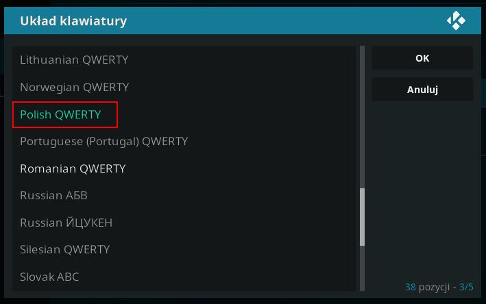 KODI - wybierz polski układ klawiatury