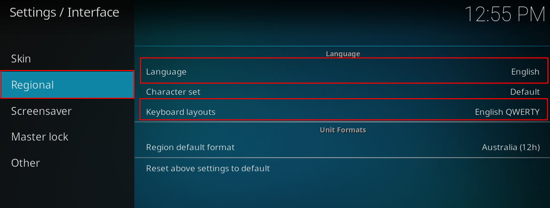 Ustawienia regionalne w KODI