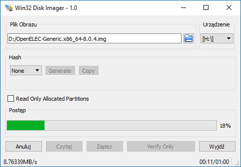 Wskaż plik z OpenELEC w Win32 Disk Imager