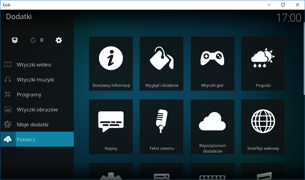 Przejdź do pobierania dodatków KODI