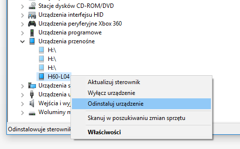 Odinstaluj urządzenie USB odpowiedzialne za telefon