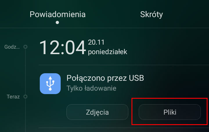 Włącz tryb przesyłania plików