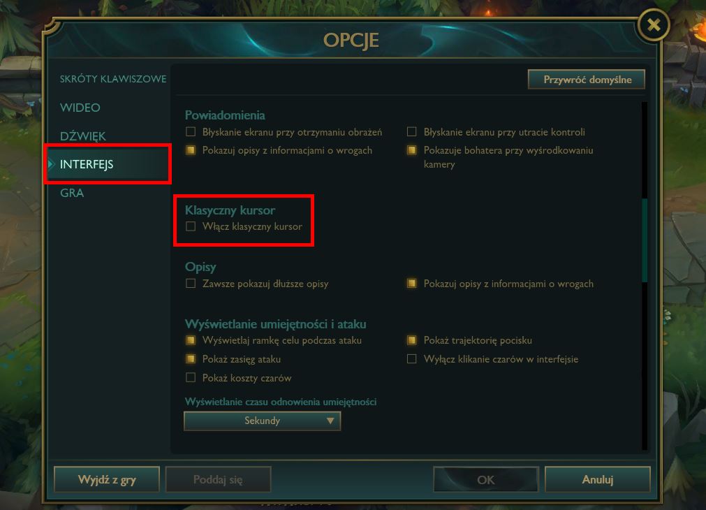League of Legends i klasyczny kursor - opcja zmiany kursora w ustawieniach gry