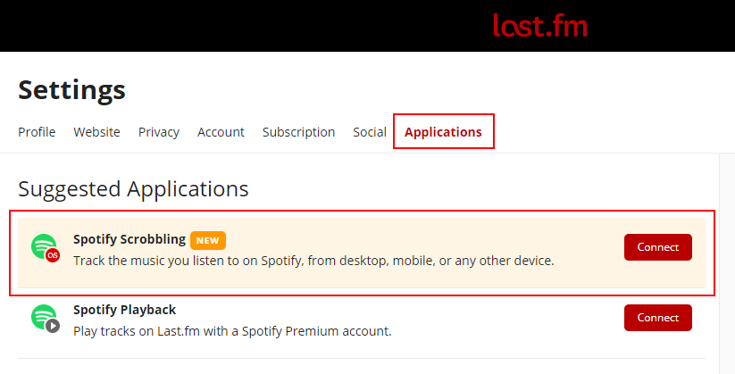 Wybierz Spotify Scrobbling i kliknij Connect
