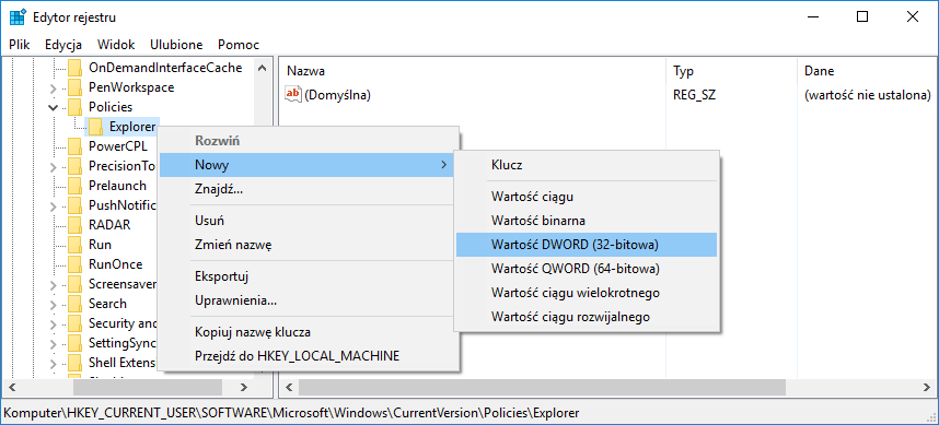 Utwórz nową wartość DWORD w kluczu Explorer