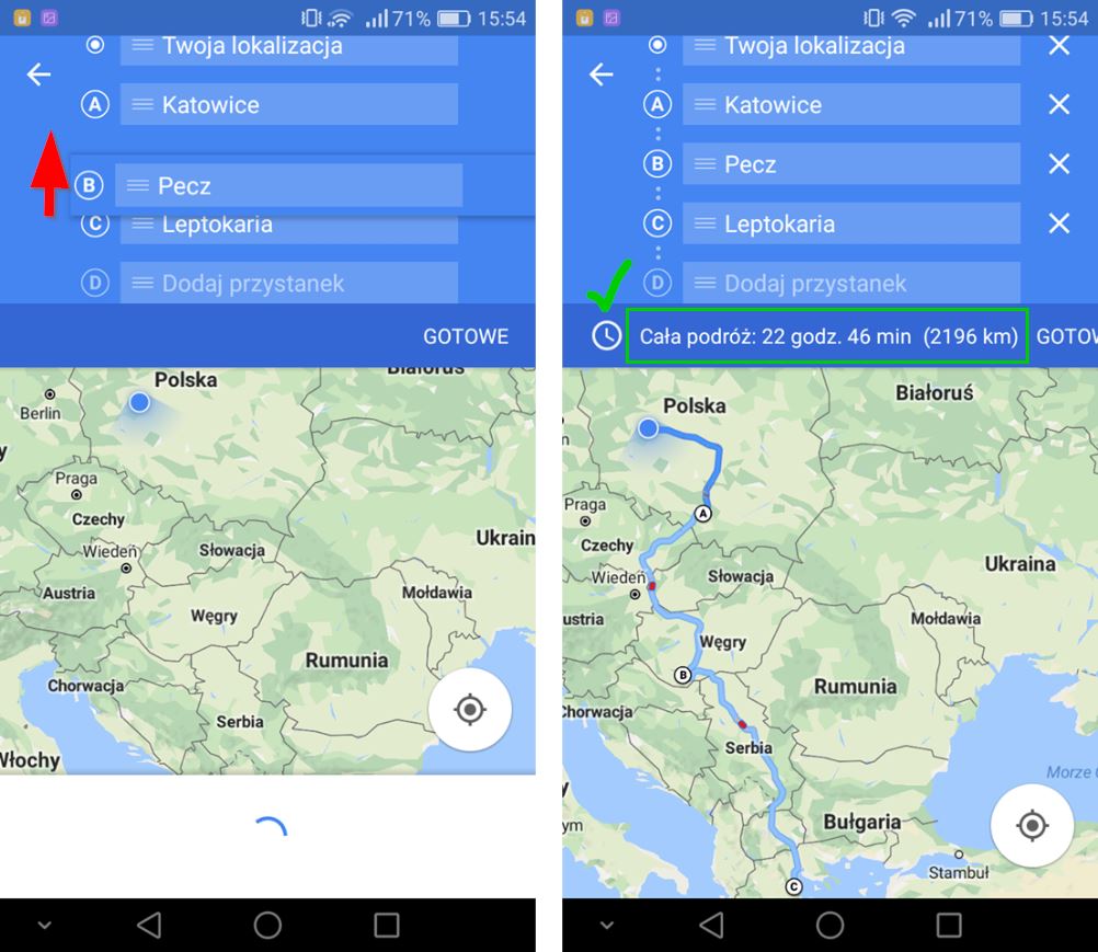 Zmiana kolejności punktów pośrednich w Mapach Google