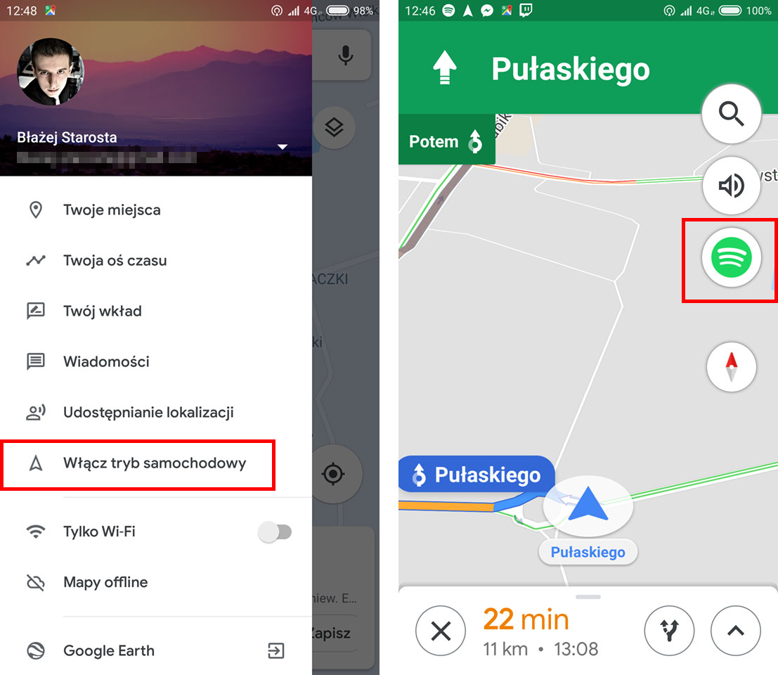 Tryb samochodowy - wysuń Spotify w Mapach Google