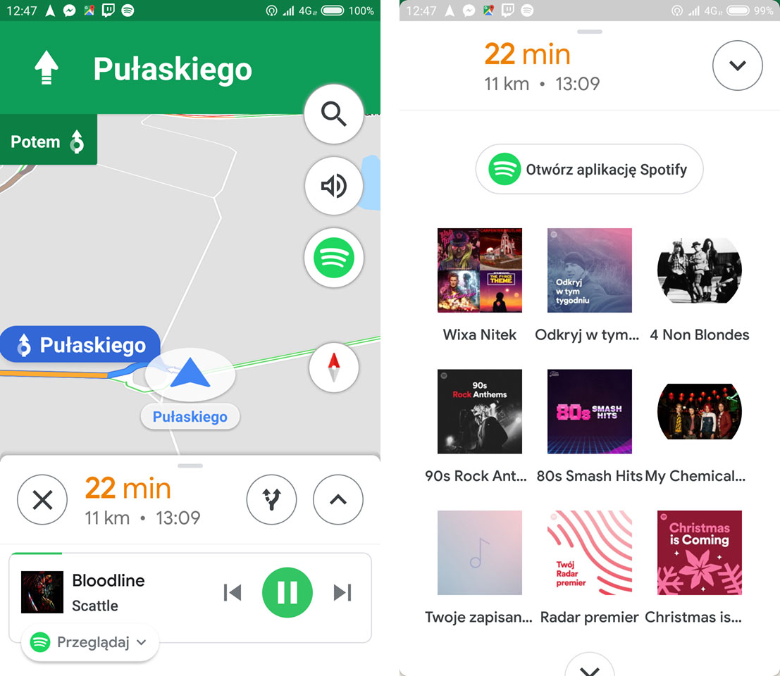 Sterowanie Spotify w Mapach Google