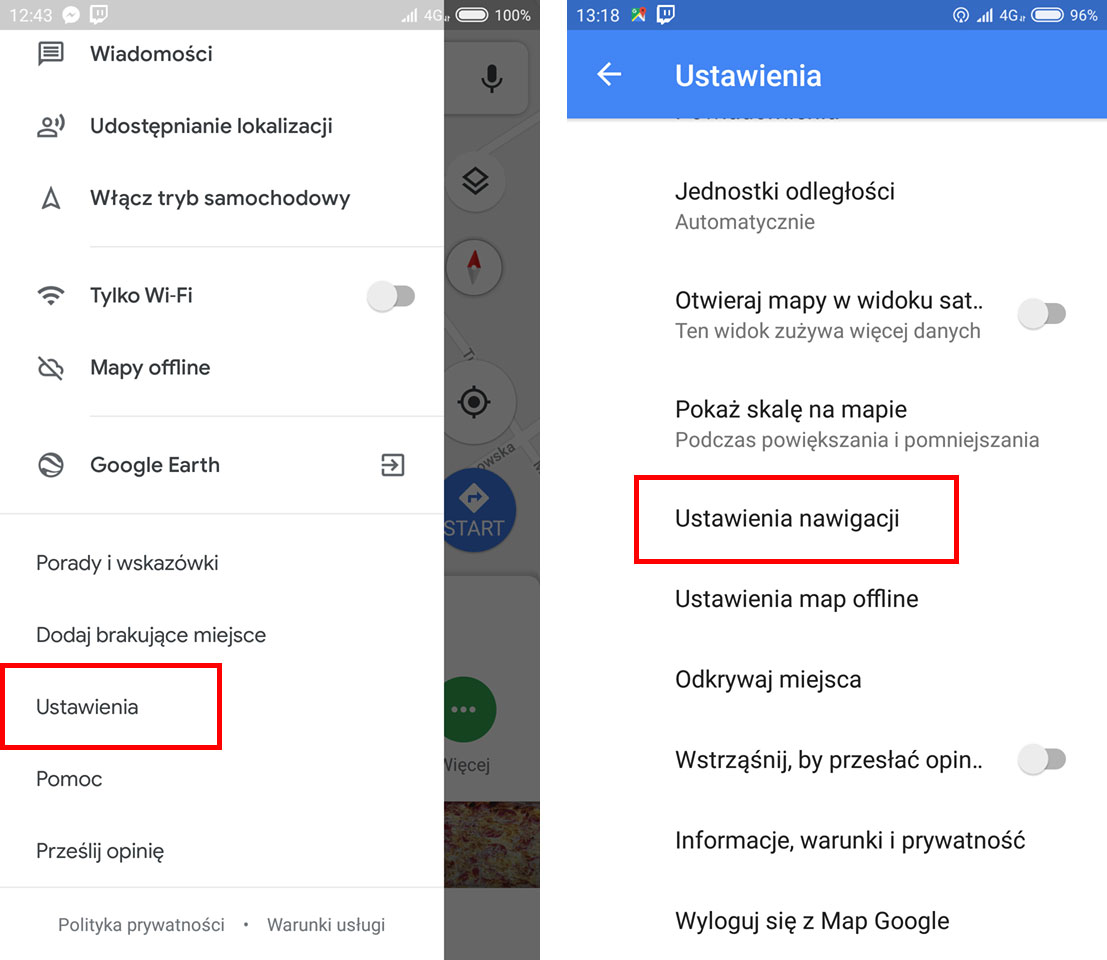 Wejdź do ustawień nawigacji w Mapach Google