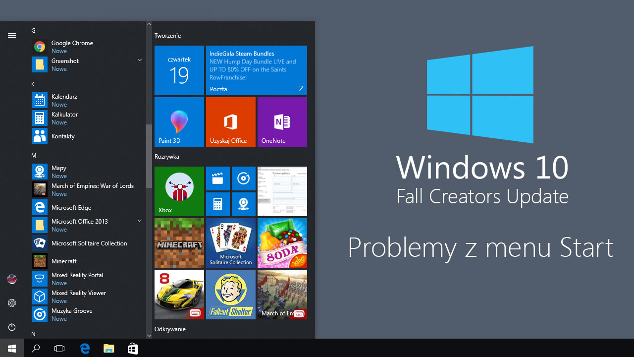 Problemy z menu Start w Windows 10 Fall Creators Update