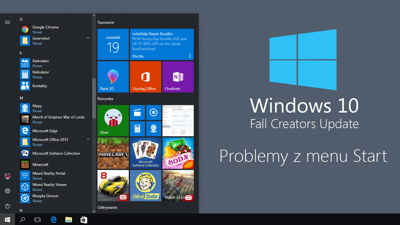 Problemy z menu Start w Windows 10 Fall Creators Update